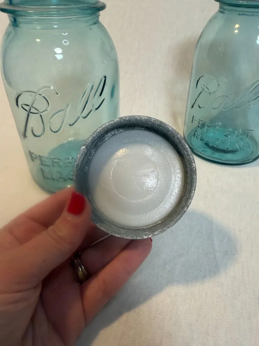 Vintage Ball Perfect Mason Blue Jars Zinc Lids Milk Glass Inserts Set of 2